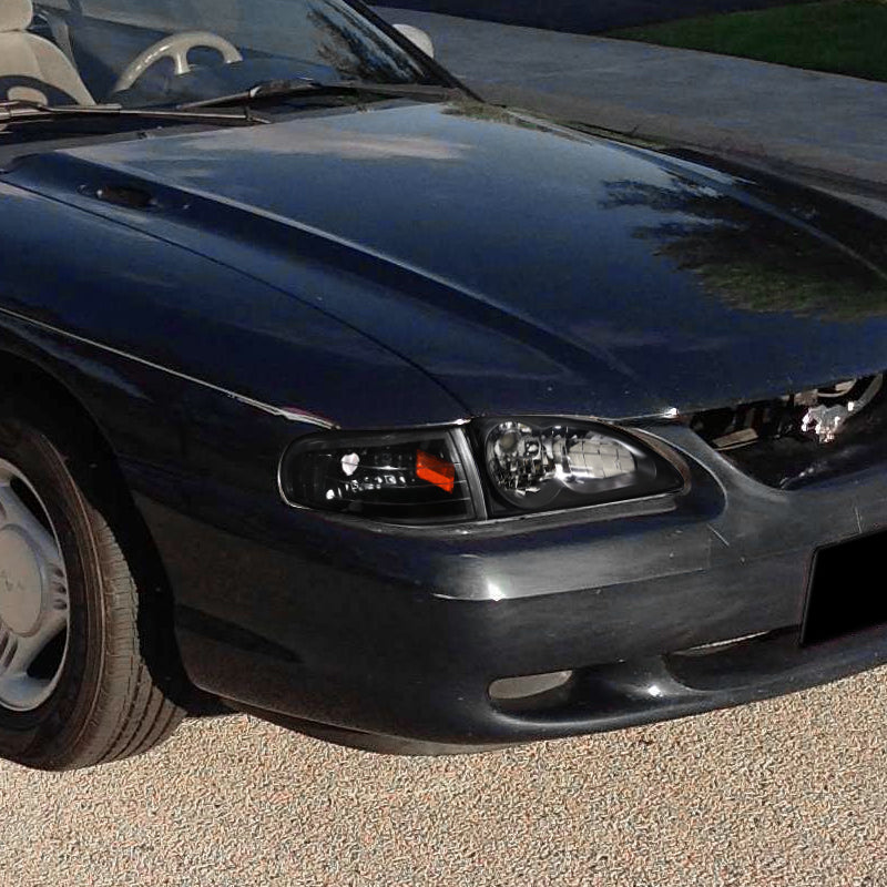 1994-1998 Ford Mustang SN95 Corner Parking Turn Signal Lights w/ Amber Reflector (Matte Black Housing / Clear Lens)