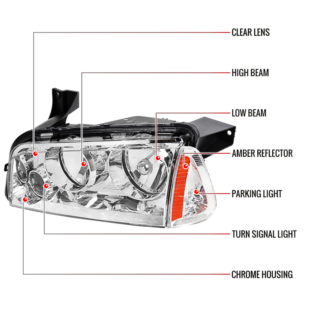 2006-2010 Dodge Charger LX Factory Style Headlights w/ Corner Lights (Chrome Housing / Clear Lens)