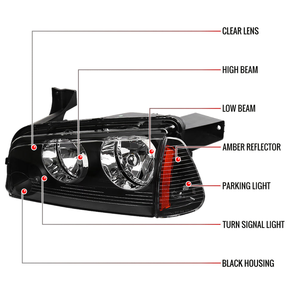 2006-2010 Dodge Charger LX Factory Style Headlights w/ Corner Lights (Matte Black Housing / Clear Lens)