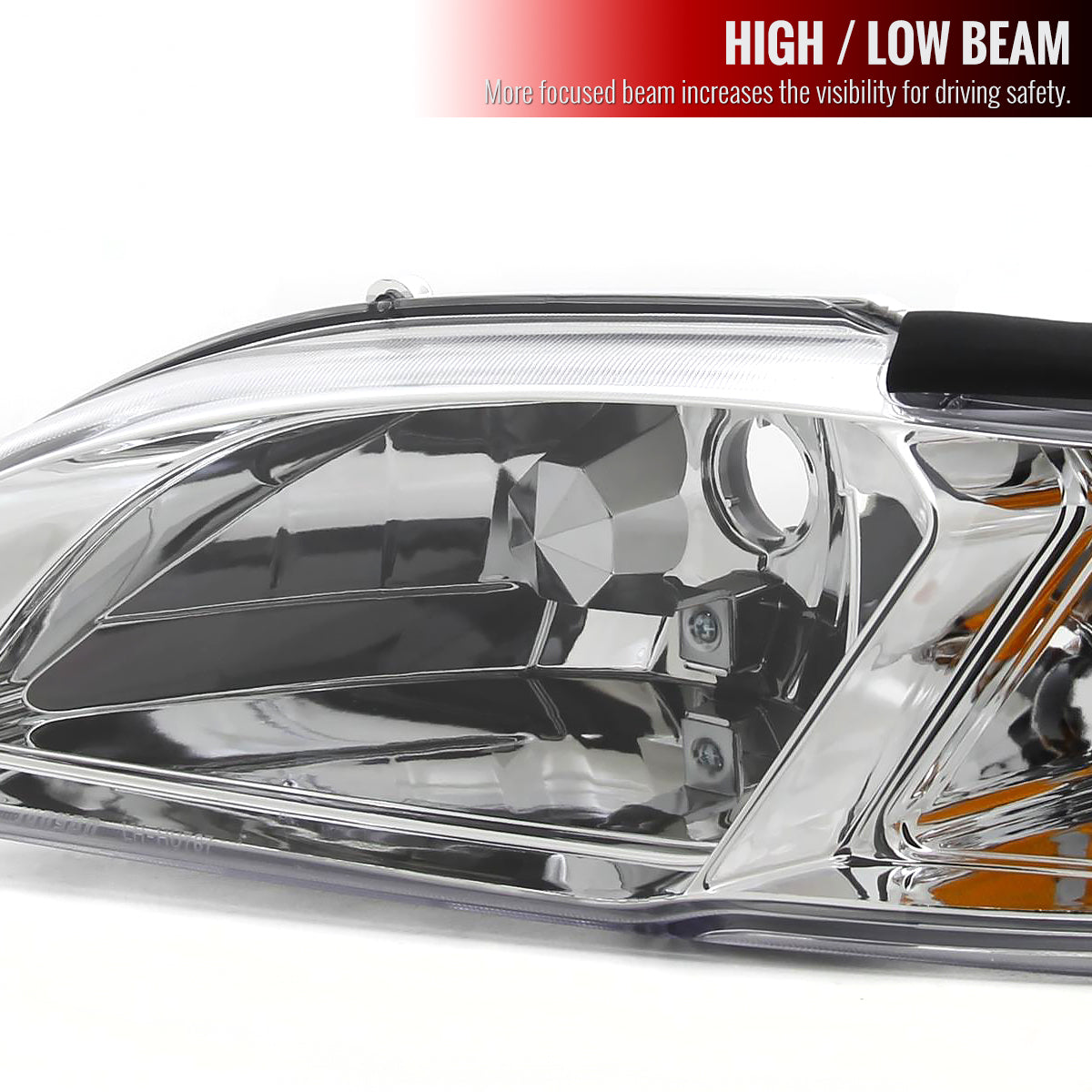 1994-1998 Ford Mustang SN95 1PC Crystal Headlights w/ Amber Reflectors (Chrome Housing / Clear Lens)