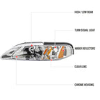 1994-1998 Ford Mustang SN95 1PC Crystal Headlights w/ Amber Reflectors (Chrome Housing / Clear Lens)
