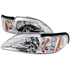 1994-1998 Ford Mustang SN95 1PC Crystal Headlights w/ Amber Reflectors (Chrome Housing / Clear Lens)