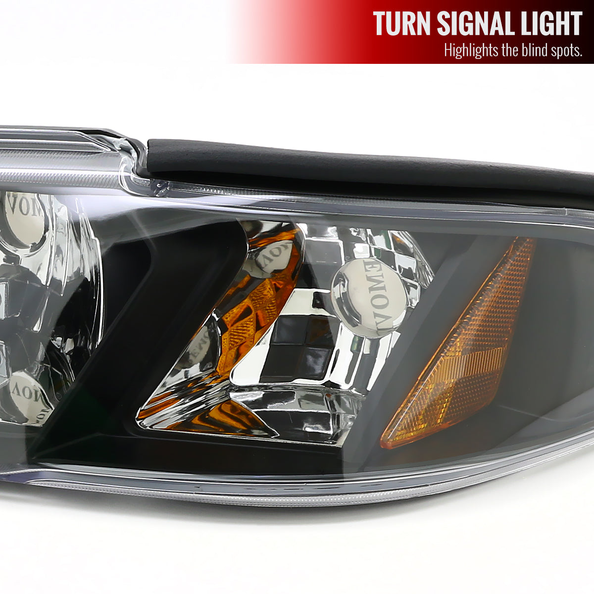 1994-1998 Ford Mustang SN95 1PC Crystal Headlights w/ Amber Reflectors (Matte Black Housing / Clear Lens)