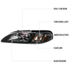1994-1998 Ford Mustang SN95 1PC Crystal Headlights w/ Amber Reflectors (Matte Black Housing / Clear Lens)