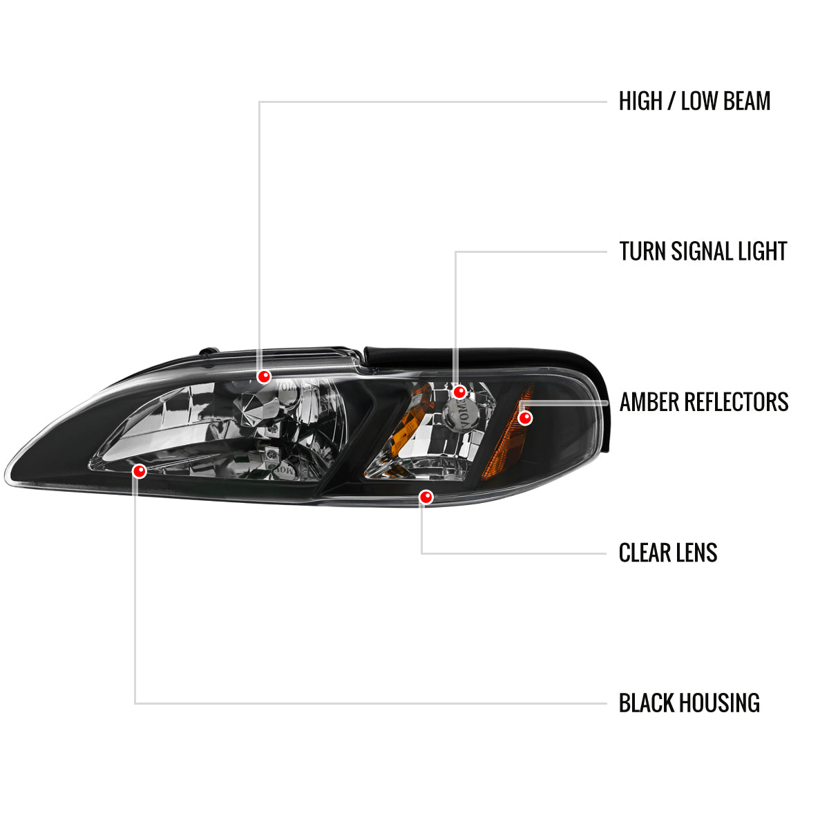 1994-1998 Ford Mustang SN95 1PC Crystal Headlights w/ Amber Reflectors (Matte Black Housing / Clear Lens)