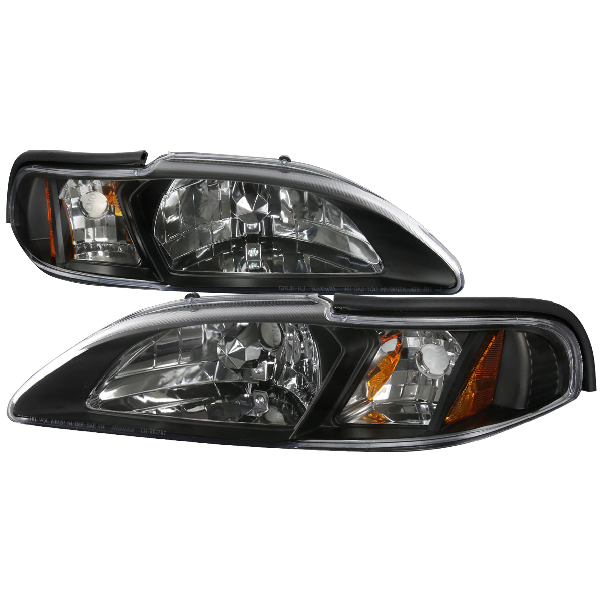 1994-1998 Ford Mustang SN95 1PC Crystal Headlights w/ Amber Reflectors (Matte Black Housing / Clear Lens)