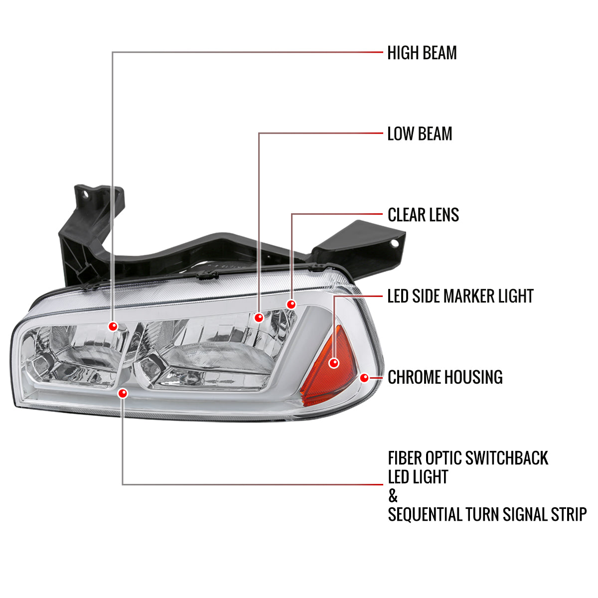 2006-2010 Dodge Charger LX Switchback Sequential LED Bar Factory Style Headlights (Chrome Housing / Clear Lens)