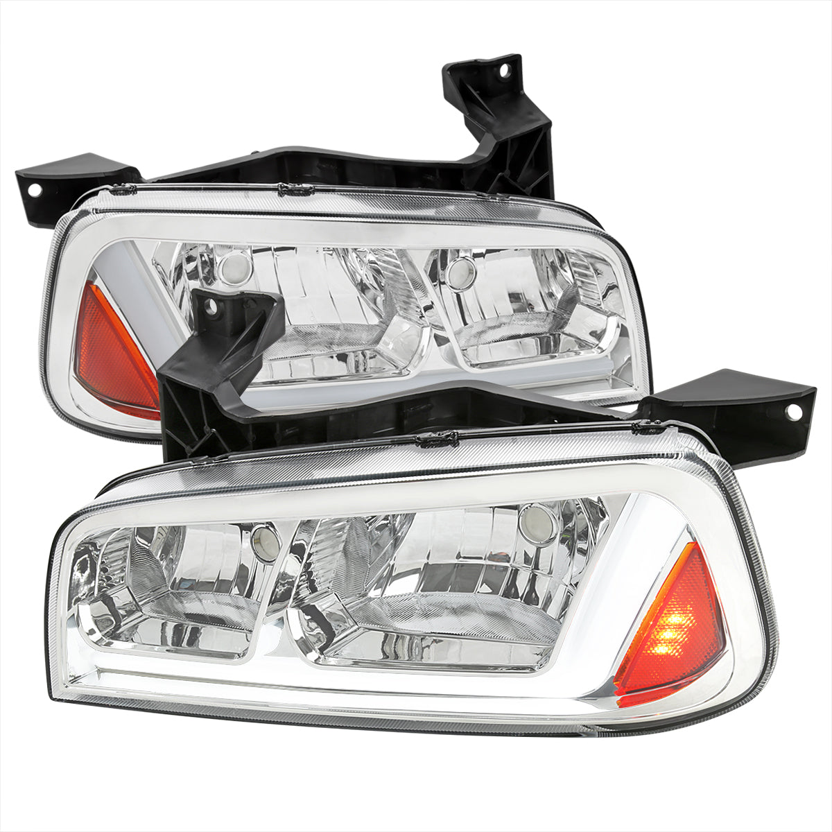 2006-2010 Dodge Charger LX Switchback Sequential LED Bar Factory Style Headlights (Chrome Housing / Clear Lens)