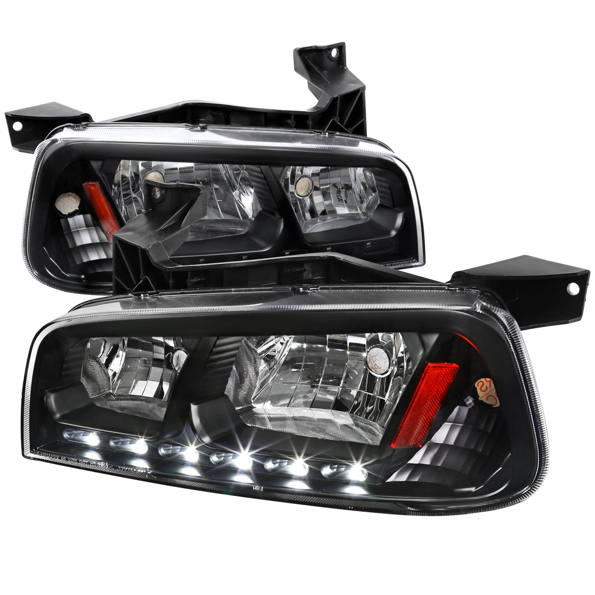 2006-2010 Dodge Charger LX 1PC Style SMD LED Light Strip Factory Style Headlights w/ Amber Reflector (Matte Black Housing / Clear Lens)