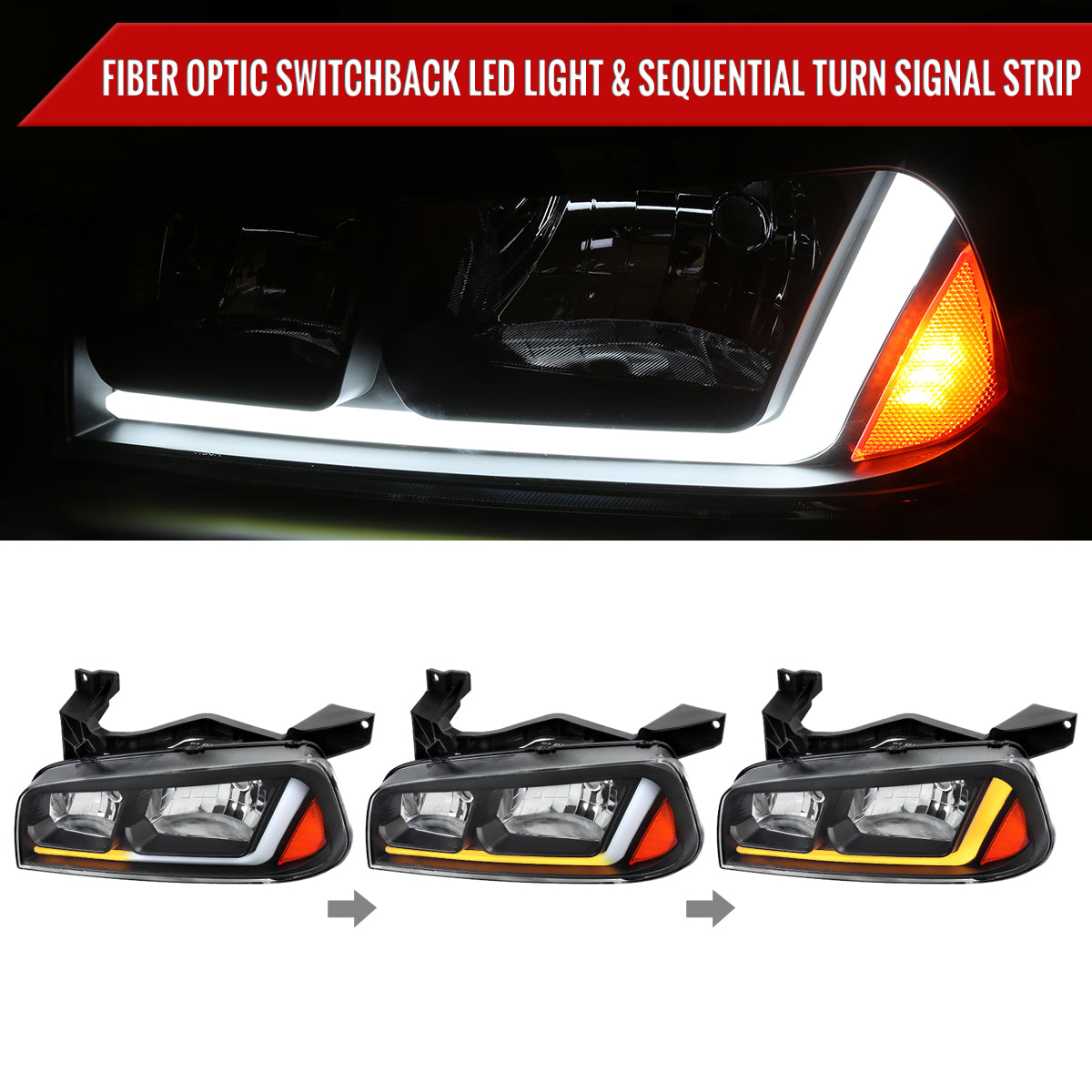 2006-2010 Dodge Charger LX Switchback Sequential LED Bar Factory Style Headlights (Matte Black Housing / Clear Lens)