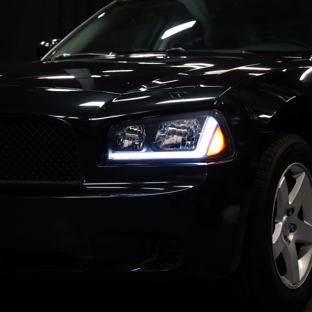 2006-2010 Dodge Charger LX Switchback Sequential LED Bar Factory Style Headlights (Matte Black Housing / Clear Lens)