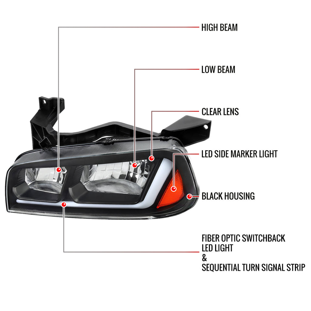 2006-2010 Dodge Charger LX Switchback Sequential LED Bar Factory Style Headlights (Matte Black Housing / Clear Lens)