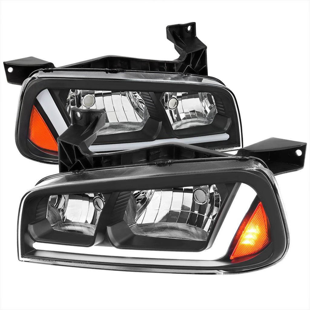 2006-2010 Dodge Charger LX Switchback Sequential LED Bar Factory Style Headlights (Matte Black Housing / Clear Lens)