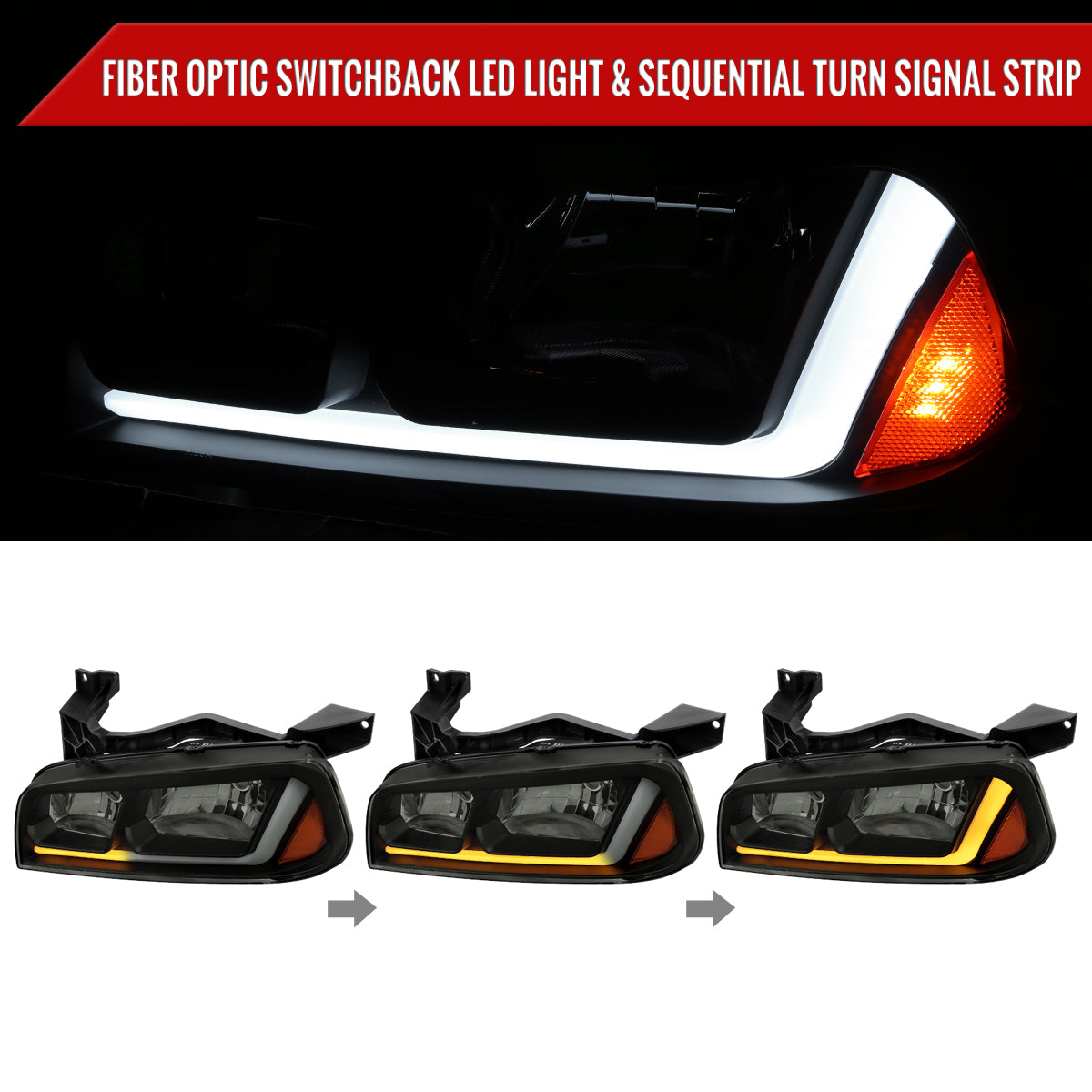 2006-2010 Dodge Charger LX Switchback Sequential LED Bar Factory Style Headlights (Matte Black Housing / Smoked Lens)