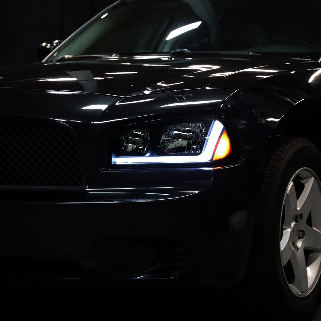 2006-2010 Dodge Charger LX Switchback Sequential LED Bar Factory Style Headlights (Matte Black Housing / Smoked Lens)