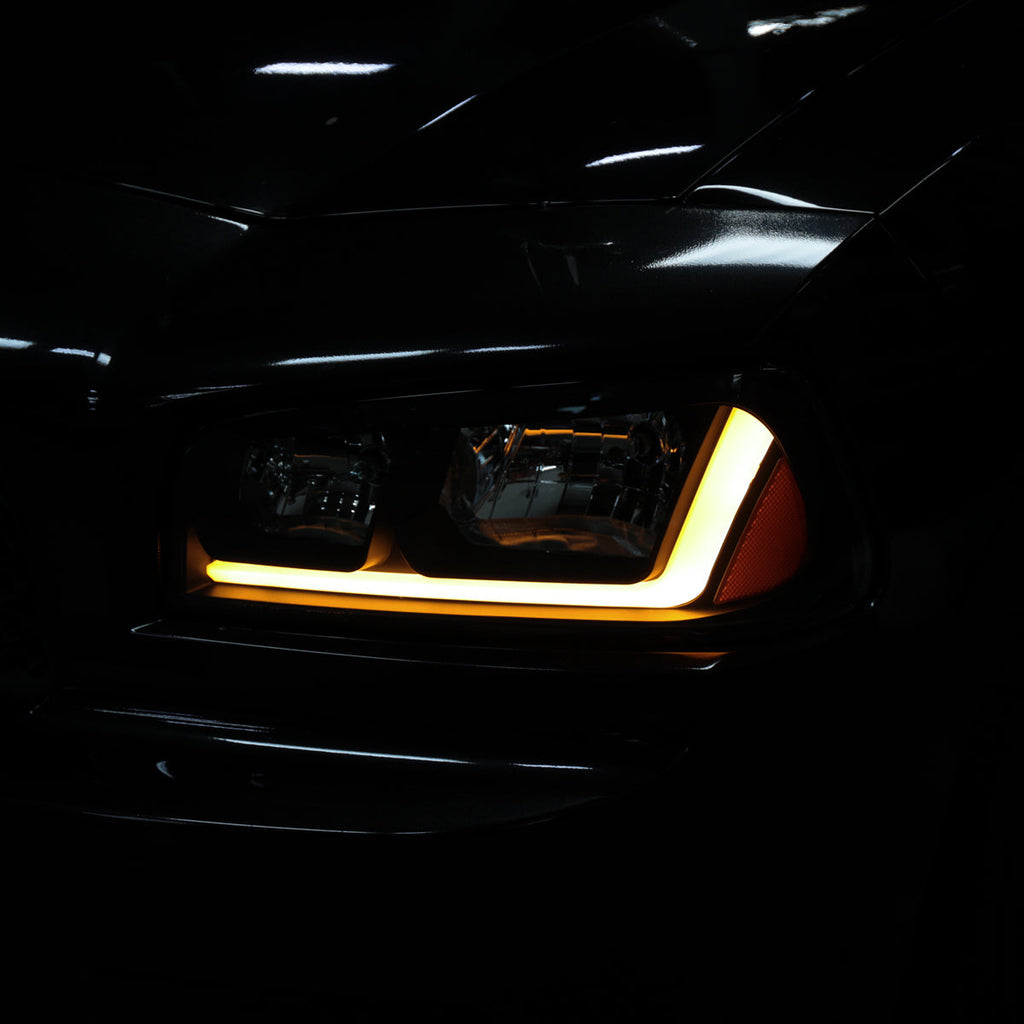 2006-2010 Dodge Charger LX Switchback Sequential LED Bar Factory Style Headlights (Matte Black Housing / Smoked Lens)