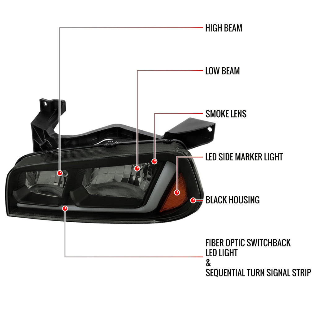 2006-2010 Dodge Charger LX Switchback Sequential LED Bar Factory Style Headlights (Matte Black Housing / Smoked Lens)