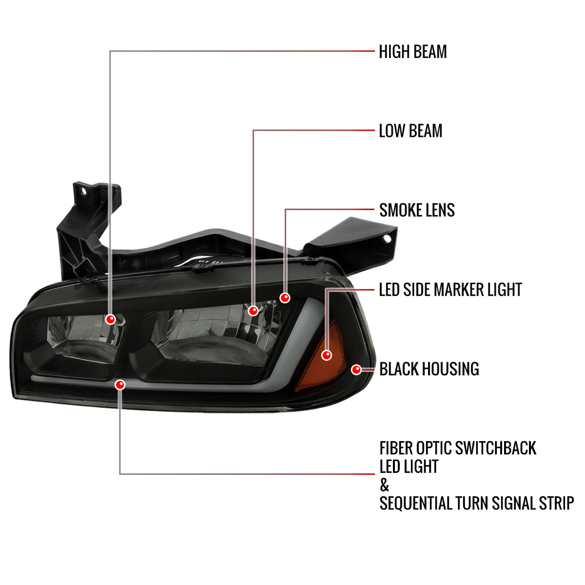 2006-2010 Dodge Charger LX Switchback Sequential LED Bar Factory Style Headlights (Matte Black Housing / Smoked Lens)