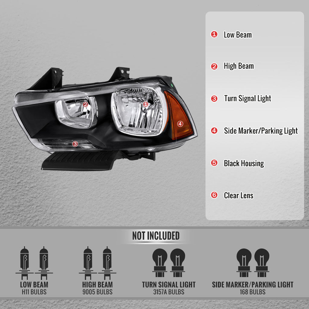 2011-2014 Dodge Charger LD Factory Style Halogen Headlights (Matte Black Housing / Clear Lens)
