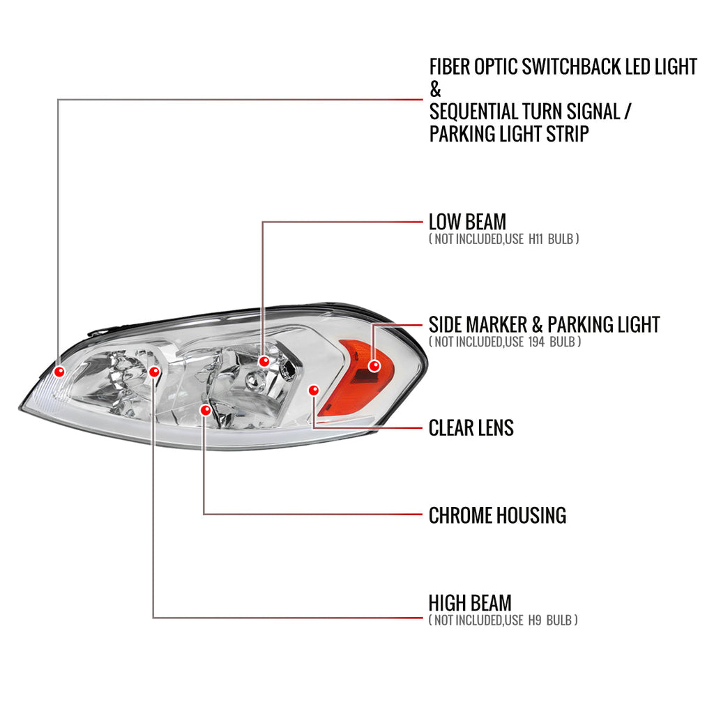 2006-2013 Chevrolet Impala / 2014-2016 Impala Limited / 2006-2007 Monte Carlo Switchback Sequential LED Bar Headlights (Chrome Housing / Clear Lens)