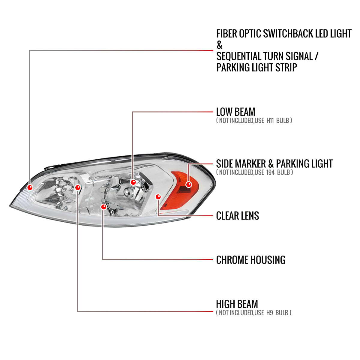 2006-2013 Chevrolet Impala / 2014-2016 Impala Limited / 2006-2007 Monte Carlo Switchback Sequential LED Bar Headlights (Chrome Housing / Clear Lens)