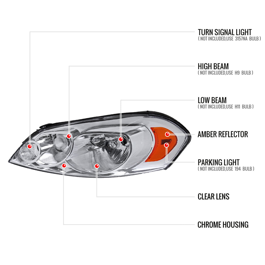 2006-2013 Chevrolet Impala / 2014-2016 Impala Limited / 2006-2007 Monte Carlo Crystal Headlights w/ Amber Reflectors (Chrome Housing / Clear Lens)