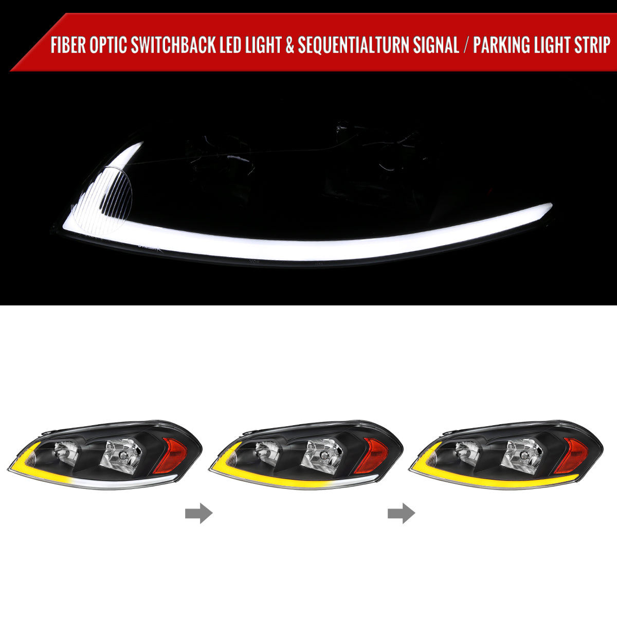 2006-2013 Chevrolet Impala / 2014-2016 Impala Limited / 2006-2007 Monte Carlo Switchback Sequential LED Bar Headlights (Matte Black Housing / Clear Lens)