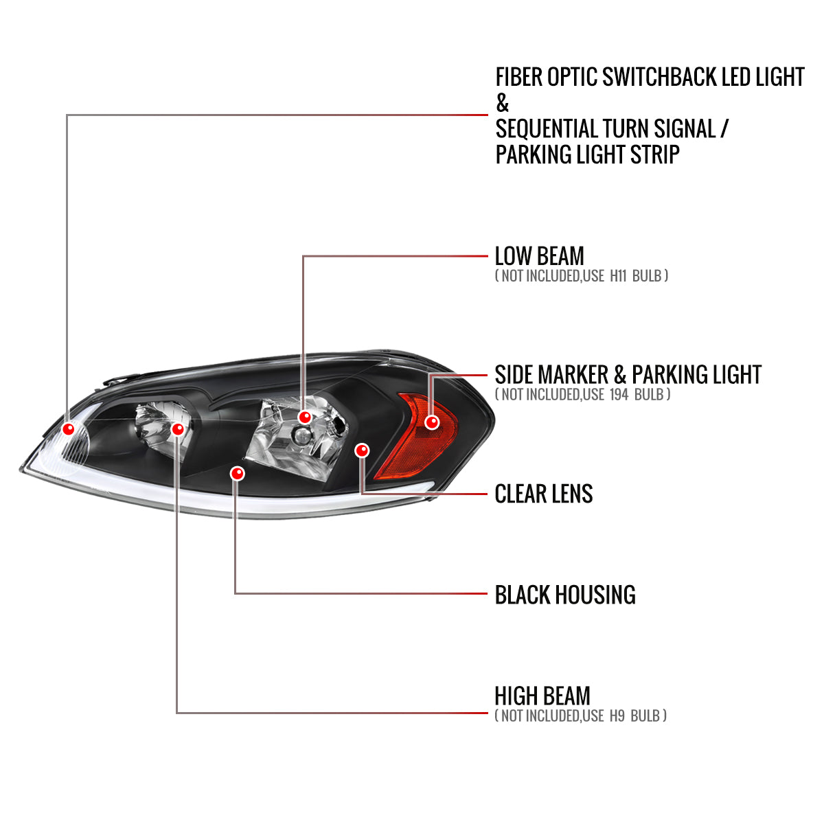 2006-2013 Chevrolet Impala / 2014-2016 Impala Limited / 2006-2007 Monte Carlo Switchback Sequential LED Bar Headlights (Matte Black Housing / Clear Lens)