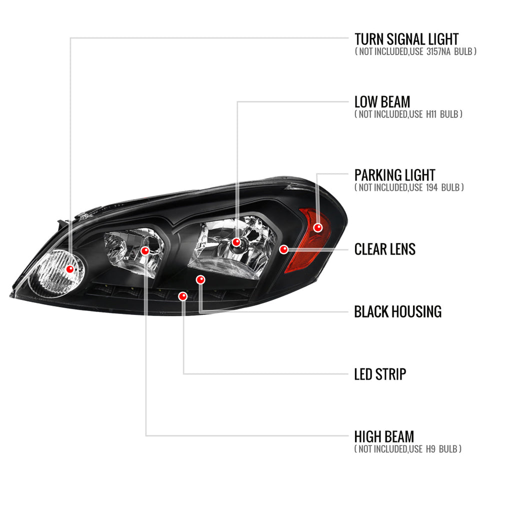 2006-2013 Chevrolet Impala / 2014-2015 Impala Limited / 2006-2007 Monte Carlo Crystal Headlights w/ LED Strip (Matte Black Housing / Clear Lens)