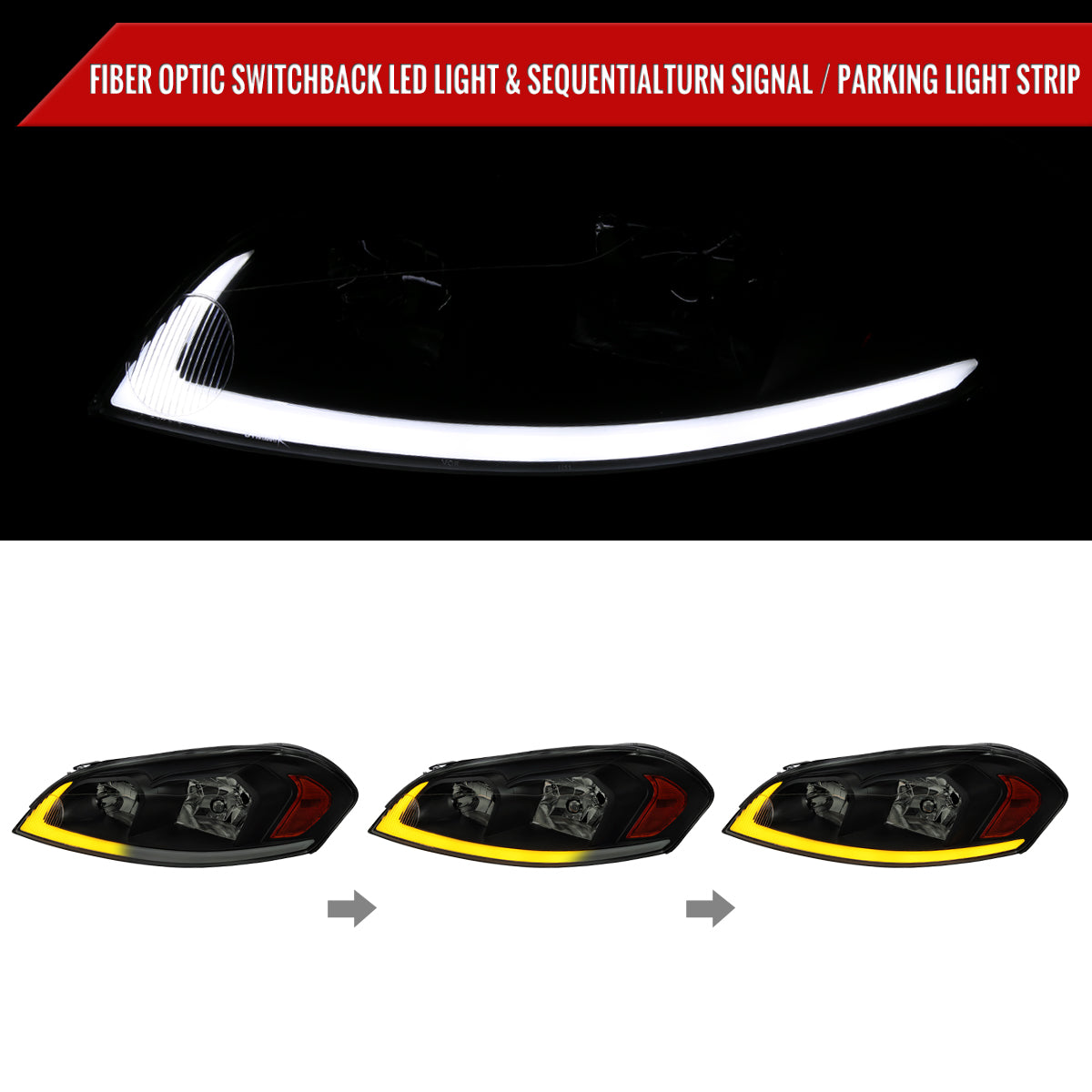 2006-2013 Chevrolet Impala / 2014-2016 Impala Limited / 2006-2007 Monte Carlo Switchback Sequential LED Bar Headlights (Matte Black Housing / Smoked Lens)