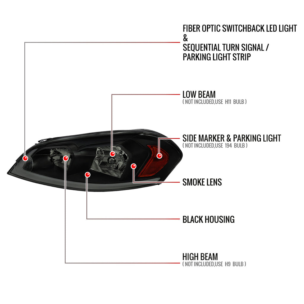 2006-2013 Chevrolet Impala / 2014-2016 Impala Limited / 2006-2007 Monte Carlo Switchback Sequential LED Bar Headlights (Matte Black Housing / Smoked Lens)