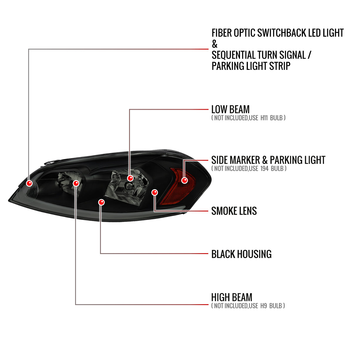 2006-2013 Chevrolet Impala / 2014-2016 Impala Limited / 2006-2007 Monte Carlo Switchback Sequential LED Bar Headlights (Matte Black Housing / Smoked Lens)