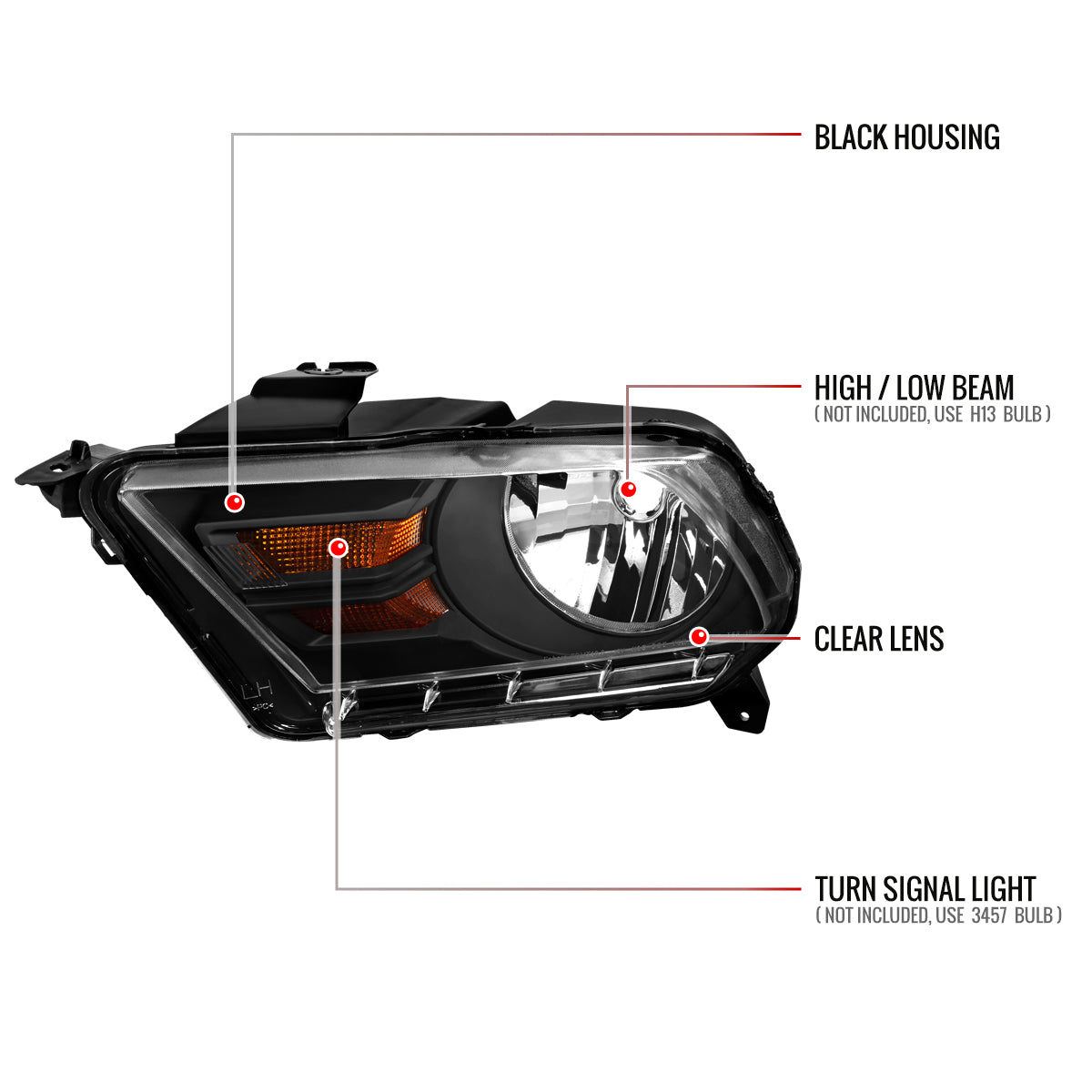 2010-2014 Ford Mustang S197 Factory Style Headlights (Matte Black Housing / Clear Lens)
