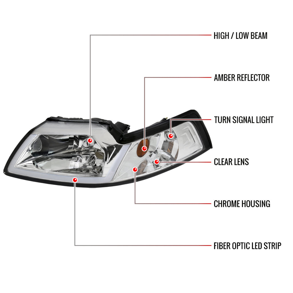 1999-2004 Ford Mustang New Edge LED Bar Factory Style Headlights with Amber Reflector (Chrome Housing / Clear Lens)