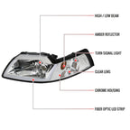 1999-2004 Ford Mustang New Edge LED Bar Factory Style Headlights with Amber Reflector (Chrome Housing / Clear Lens)