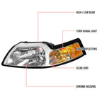1999-2004 Ford Mustang New Edge Factory Style Headlights w/ Amber Reflectors (Chrome Housing / Clear Lens)