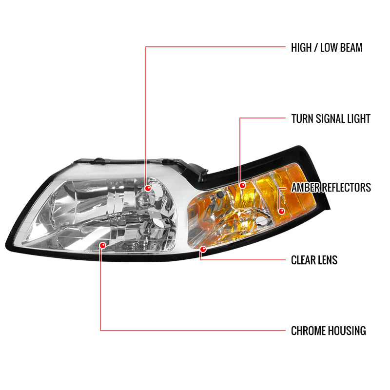 1999-2004 Ford Mustang New Edge Factory Style Headlights w/ Amber Reflectors (Chrome Housing / Clear Lens)