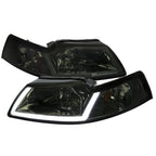 1999-2004 Ford Mustang New Edge LED Bar Factory Style Headlights with Amber Reflector (Chrome Housing / Smoked Lens)