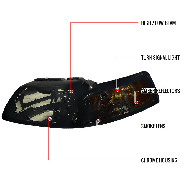 1999-2004 Ford Mustang New Edge Factory Style Headlights w/ Amber Reflectors (Chrome Housing / Smoked Lens)