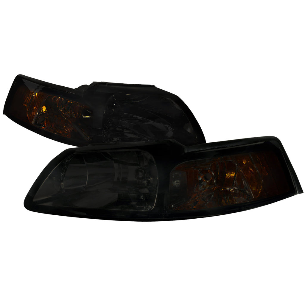 1999-2004 Ford Mustang New Edge Factory Style Headlights w/ Amber Reflectors (Chrome Housing / Smoked Lens)