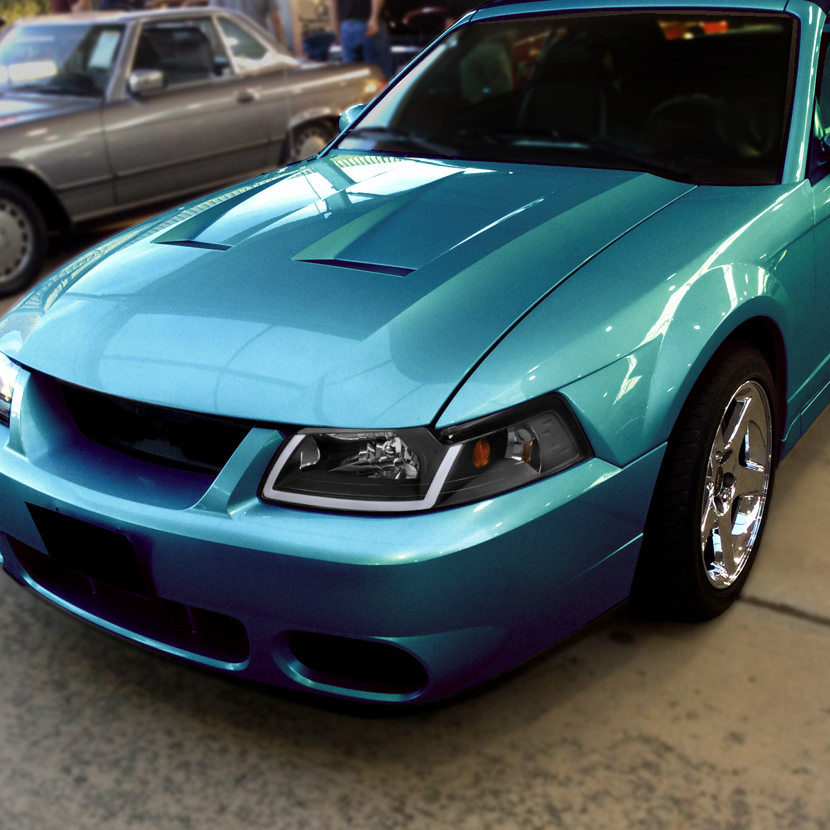 1999-2004 Ford Mustang New Edge LED Bar Factory Style Headlights with Amber Reflector (Matte Black Housing / Clear Lens)