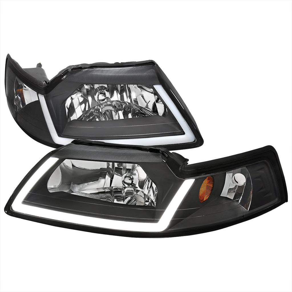 1999-2004 Ford Mustang New Edge LED Bar Factory Style Headlights with Amber Reflector (Matte Black Housing / Clear Lens)