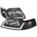 1999-2004 Ford Mustang New Edge LED Bar Factory Style Headlights with Amber Reflector (Matte Black Housing / Clear Lens)