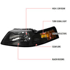 1999-2004 Ford Mustang New Edge Factory Style Headlights w/ Amber Reflectors (Matte Black Housing / Clear Lens)