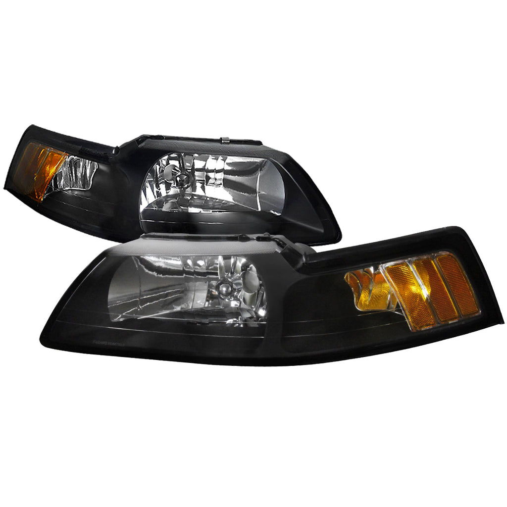 1999-2004 Ford Mustang New Edge Factory Style Headlights w/ Amber Reflectors (Matte Black Housing / Clear Lens)