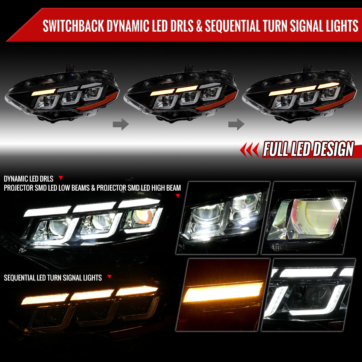 2018-2023 Ford Mustang S550 Full LED Projector Headlights Switchback Sequential with Start-Up Animation (Glossy Black Housing / Clear Lens)