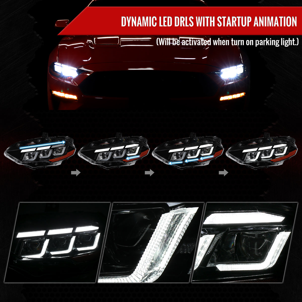 2018-2023 Ford Mustang S550 Full LED Projector Headlights Switchback Sequential with Start-Up Animation (Glossy Black Housing / Clear Lens)