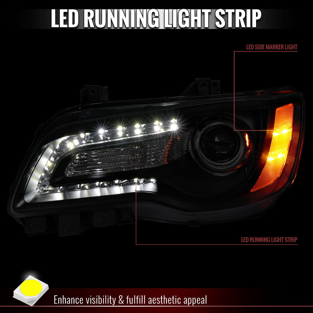 2011-2014 Chrysler 300 Projector Headlights LED DRL w/ Amber Turn Signal (Matte Black Housing / Clear Lens)