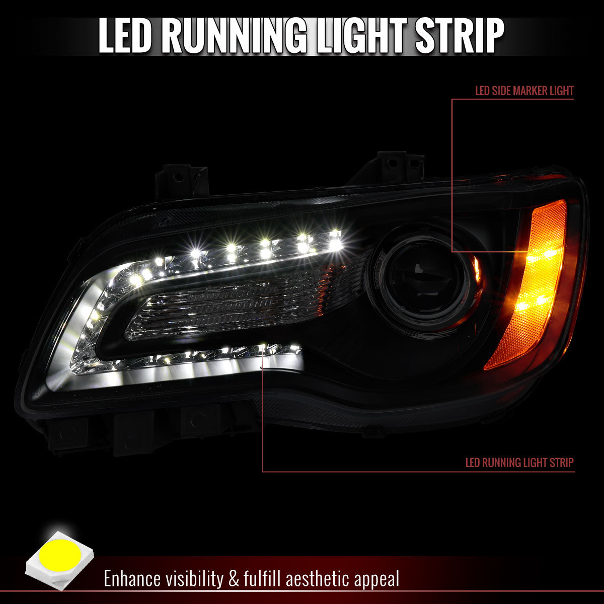 2011-2014 Chrysler 300 Projector Headlights LED DRL w/ Amber Turn Signal (Matte Black Housing / Clear Lens)