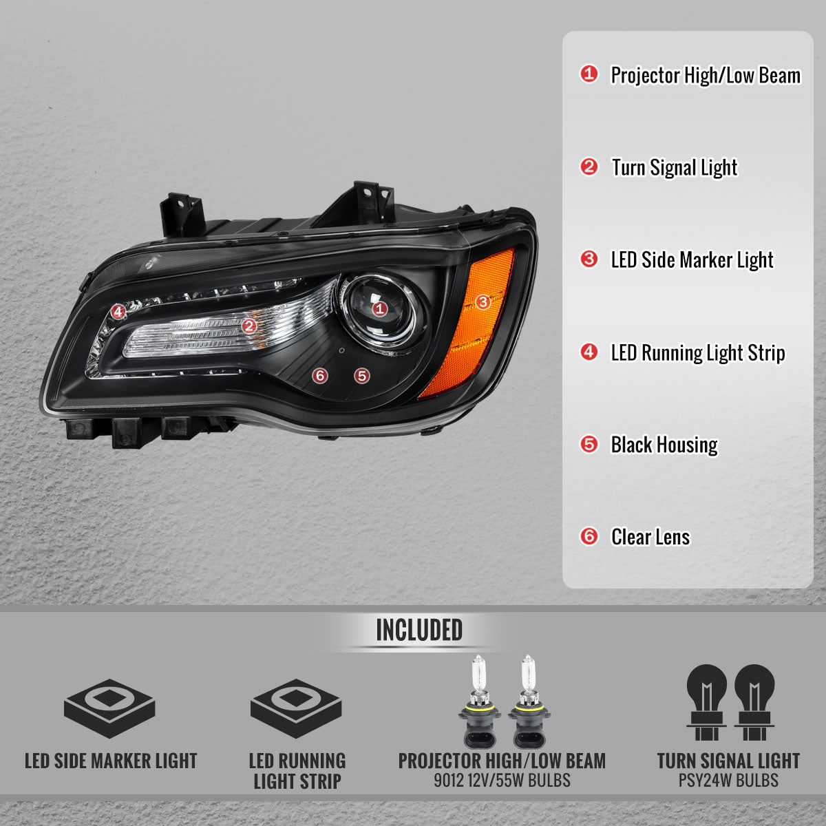 2011-2014 Chrysler 300 Projector Headlights LED DRL w/ Amber Turn Signal (Matte Black Housing / Clear Lens)